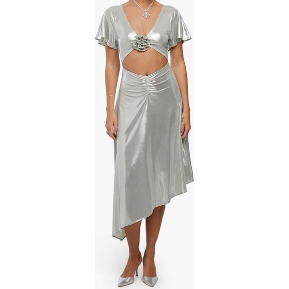 NWOT WeWoreWhat Metallic Silver Asymmetric Cutout Midi Dress Women's Small - Picture 1 of 12